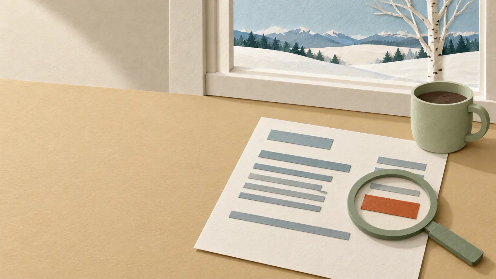 A paper utility bill under a magnifying glass on a kitchen table, with a winter window behind.