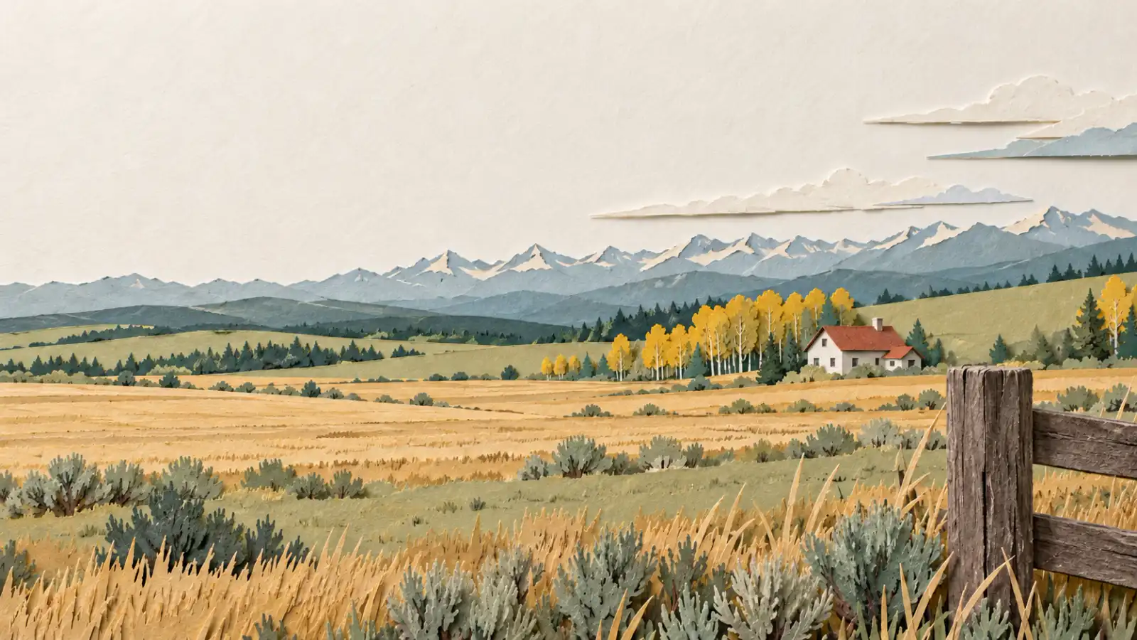 A cut-paper Alberta foothills scene with a farmhouse, yellow aspens and a robin on a fence post.